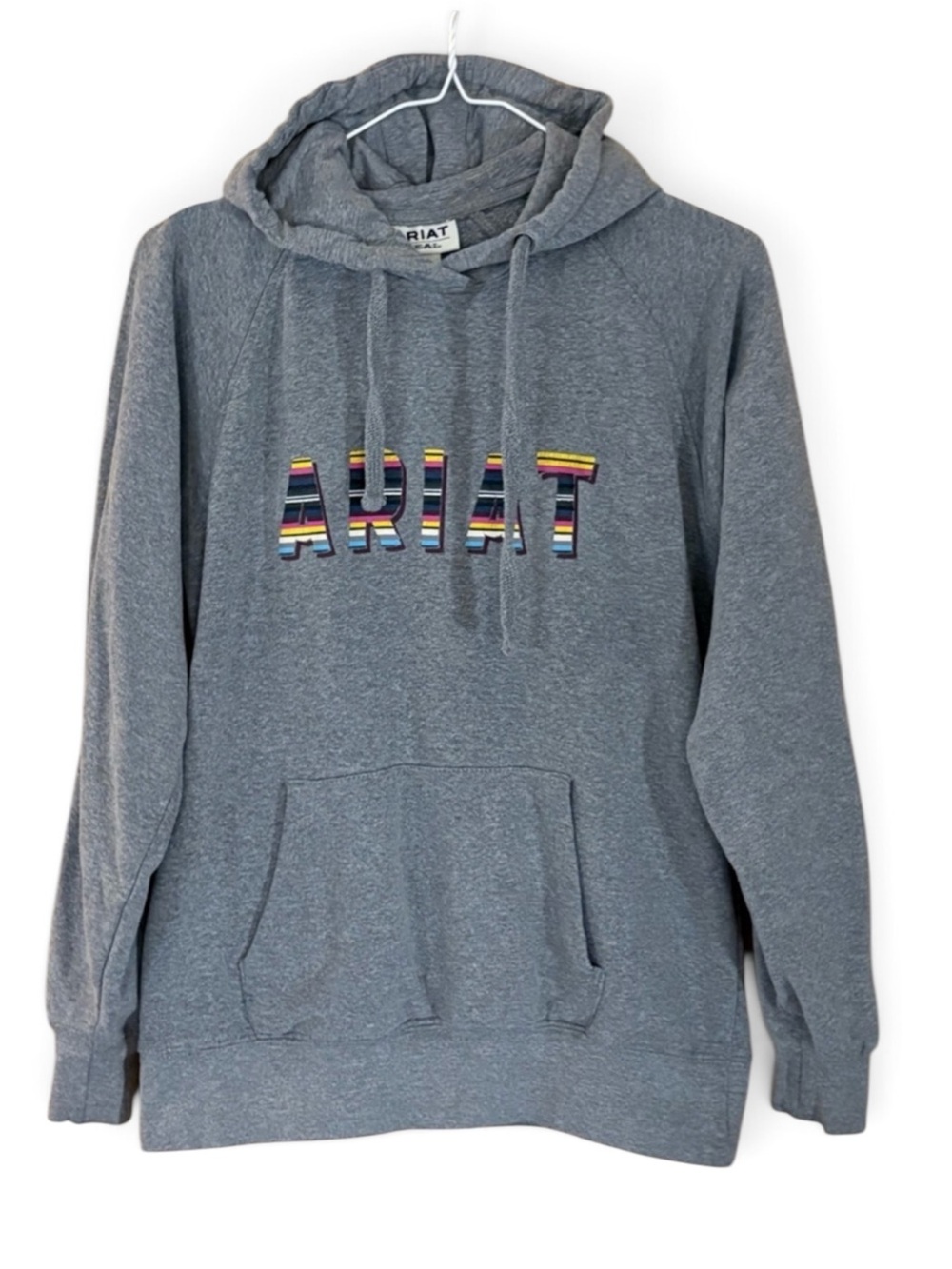 Ariat Gray Relaxed Fit  Hoodie Sweatshirt with Rainbow Stripe Logo